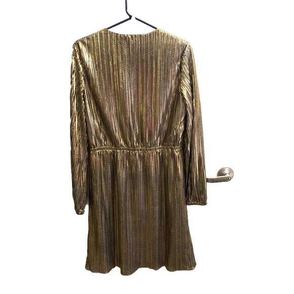 Maggy London Womens Metallic Gold Pleated Long Sleeve V Neck Dress Sz 12 Holiday - Picture 3 of 12